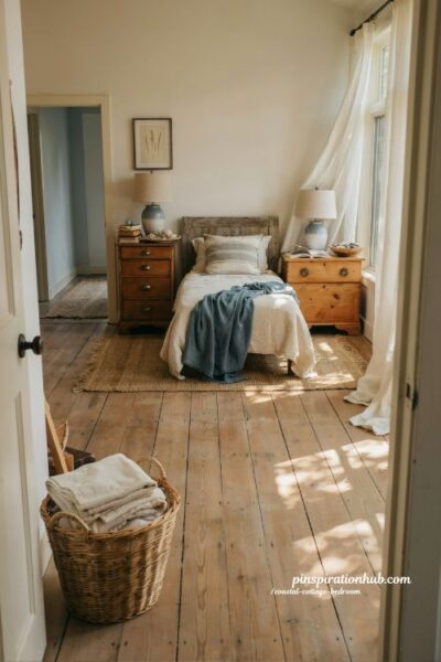 Coastal cottage bedroom with vintage nightstands and blue and white ceramic lamps