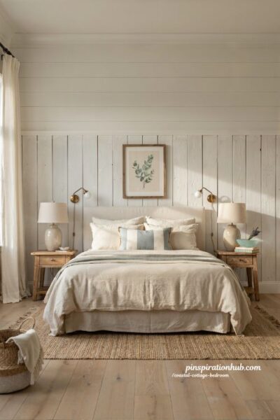 Coastal cottage bedroom with white shiplap feature wall and layered seaside cottage decor