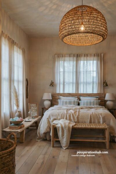 Coastal cottage bedroom with woven pendant light and warm seaside cottage decor