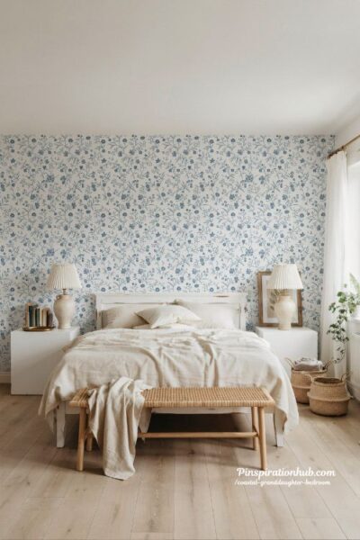 Coastal granddaughter bedroom with blue and white floral wallpaper accent wall