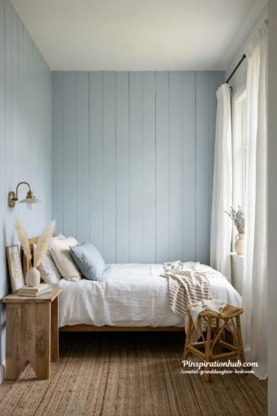 Coastal granddaughter bedroom with blue wall paneling and cozy beach cottage style