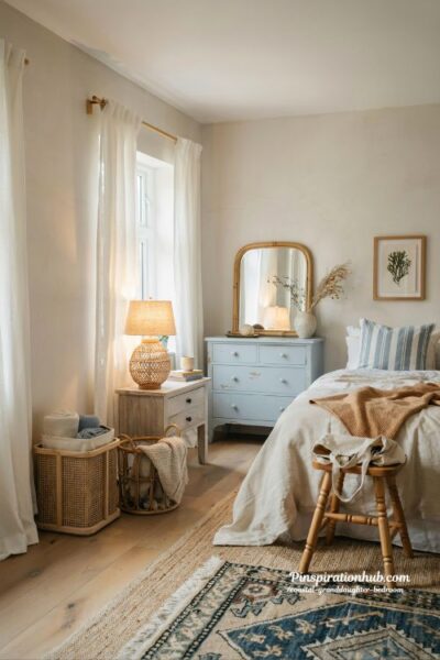 Coastal granddaughter bedroom with rattan decor and layered woven textures