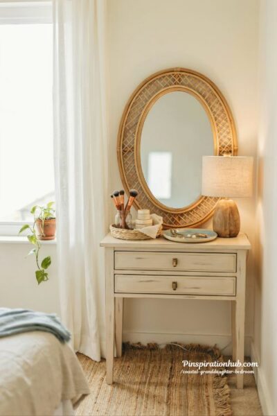 Coastal granddaughter bedroom with rattan mirror and cozy makeup vanity corner