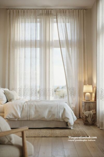 Coastal granddaughter bedroom with sheer white curtains and soft breezy window light