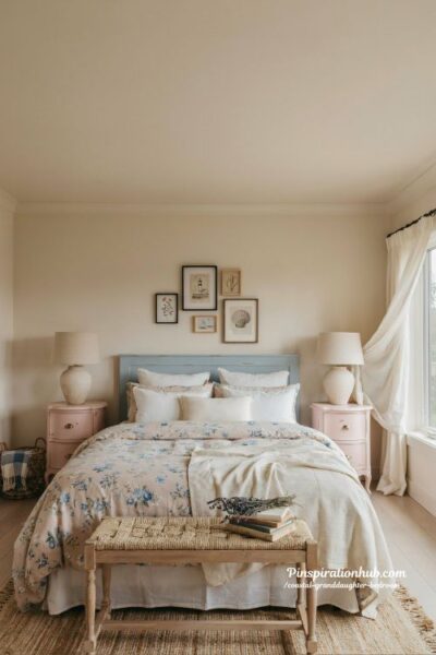Coastal granddaughter bedroom with soft blue and blush pink cottage decor