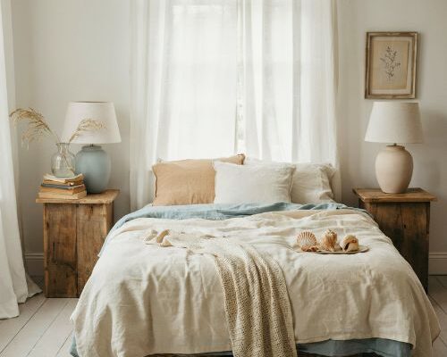 Coastal granddaughter bedroom with soft blue linen and warm natural textures serene seaside inspired interior