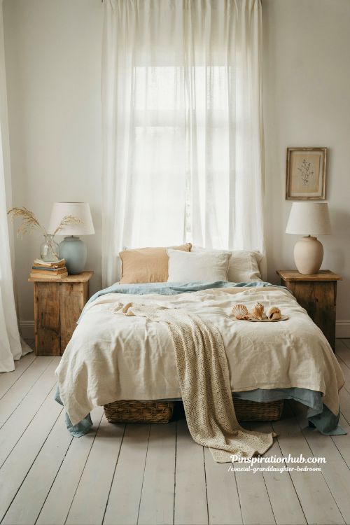 Coastal granddaughter bedroom with soft blue linen and warm natural textures serene seaside inspired interior