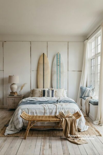 Coastal granddaughter bedroom with surfboards as beach cottage wall decor
