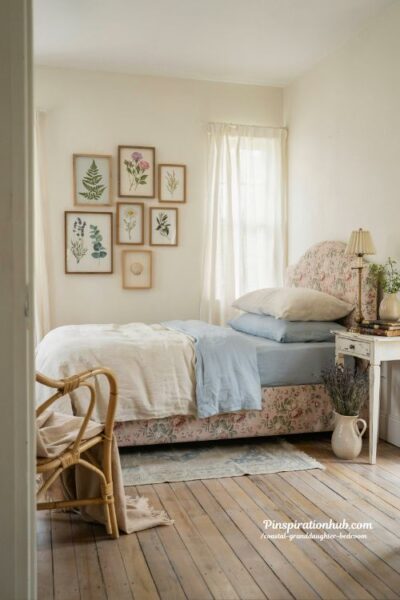 Coastal granddaughter bedroom with vintage botanical wall art and cozy cottage decor