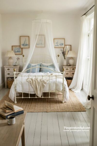 Coastal granddaughter bedroom with white metal bed frame and brass accents
