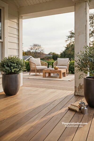 Composite or wood decking back porch patio floor upgrade ideas with modern natural finish