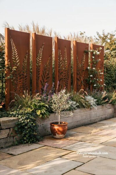 Tree of life metal wall art on a garden fence with climbing vines and rustic patina