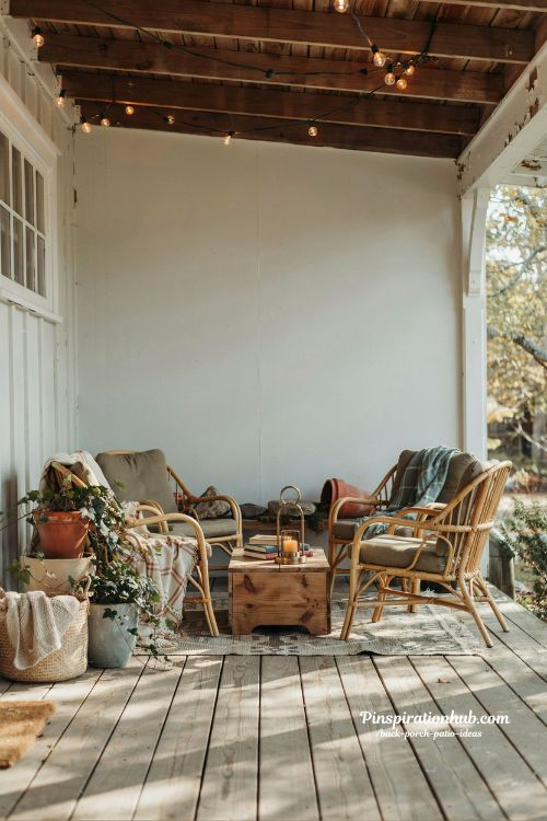 Cozy back porch patio ideas with warm rustic seating and layered greenery