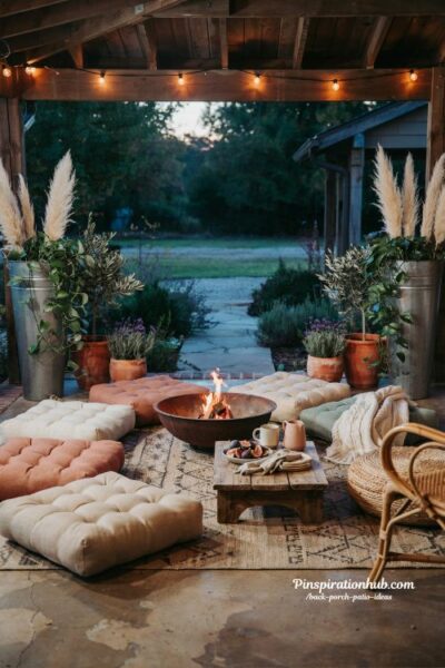 Cozy floor pillow seating ideas for back porch patio fire pit gatherings