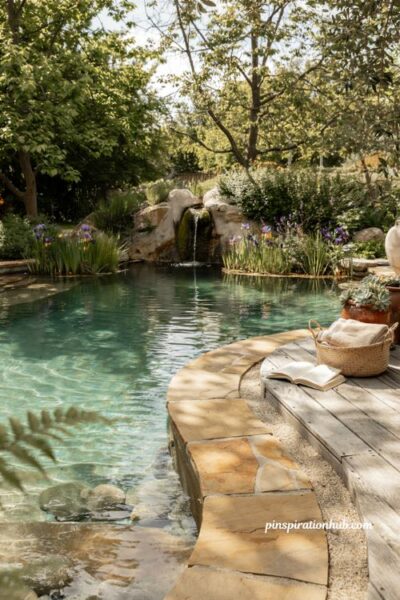Crystal clear natural swimming pool with wooden dock flagstone patio and lush plant border