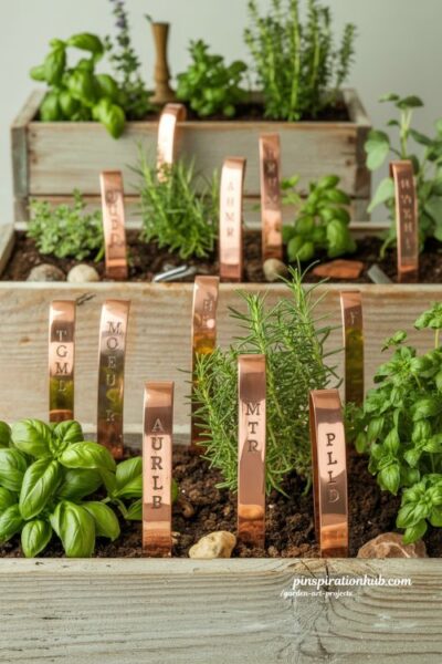 DIY copper plant markers in a rustic kitchen herb garden with aged patina
