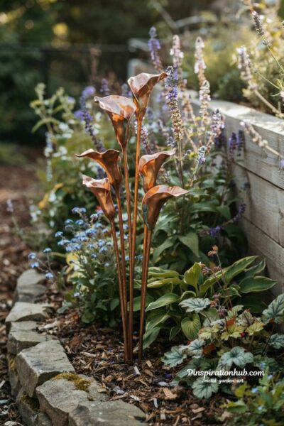 DIY license plate dragonfly garden art along a rustic pathway in a colorful backyard