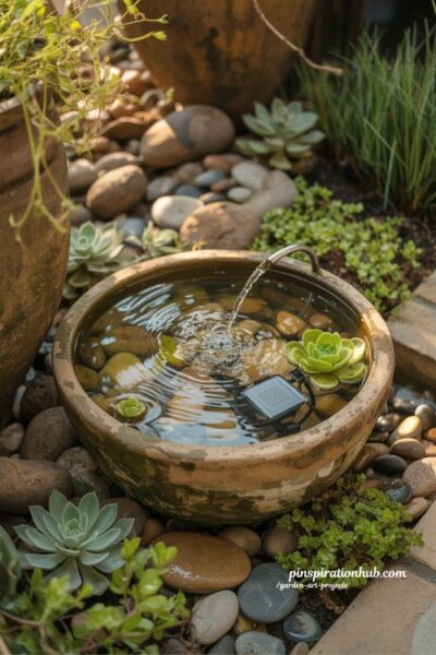 DIY solar water fountain in ceramic bowl surrounded by peaceful cottage garden plants