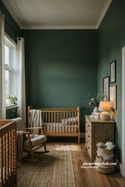 Dark green baby room ideas with moody nursery decor and warm natural wood accents