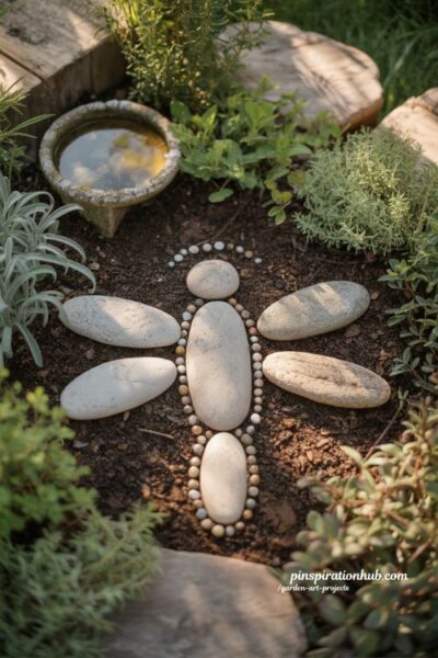 Dragonfly stone garden art made from river stones in a natural cottage garden bed