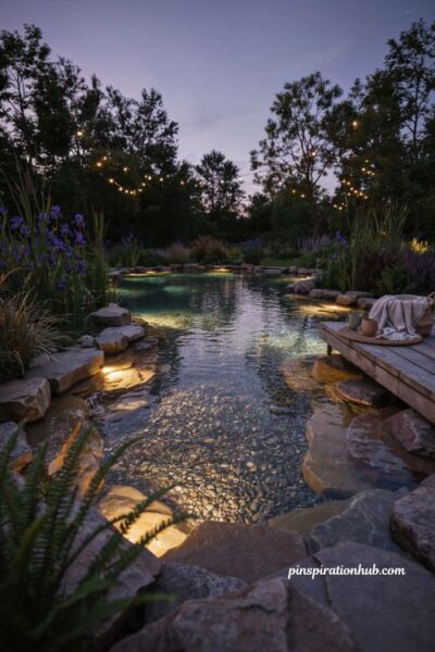 Evening natural swimming pool with submerged led lights glowing warmly with stone and wood dock