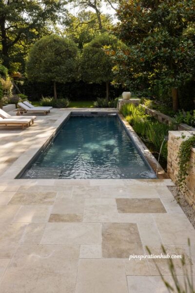 Formal rectangular natural swimming pool design with integrated plant filtration zone on the side