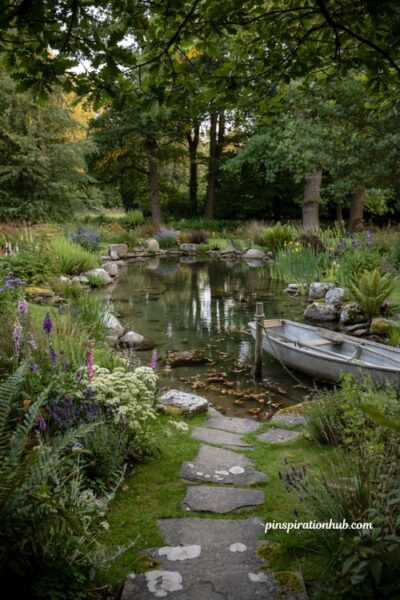 Freeform natural swimming pond design blending into a lush wooded garden landscape