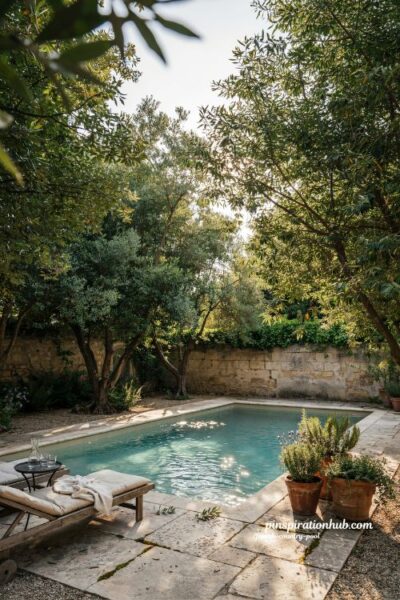 French country pool under mature trees with dappled natural shade and timeless garden atmosphere