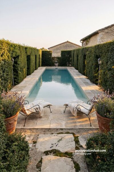 French country pool with manicured boxwood hedges and formal garden courtyard charm
