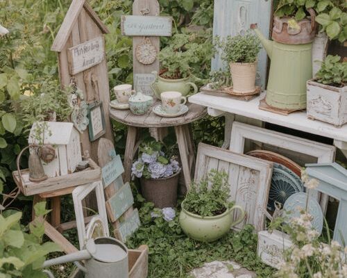 Garden art projects with handmade cottage garden decor and repurposed vintage treasures