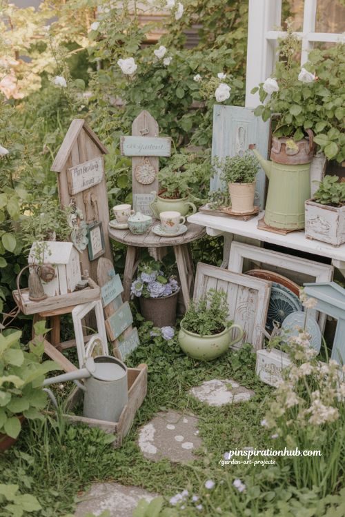Garden art projects with handmade cottage garden decor and repurposed vintage treasures