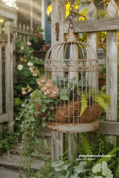 Hanging vintage birdcage planter overflowing with trailing plants in cottage garden