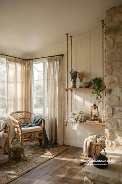 Hanging wooden shelf ideas for enclosed back porch patio storage and decor
