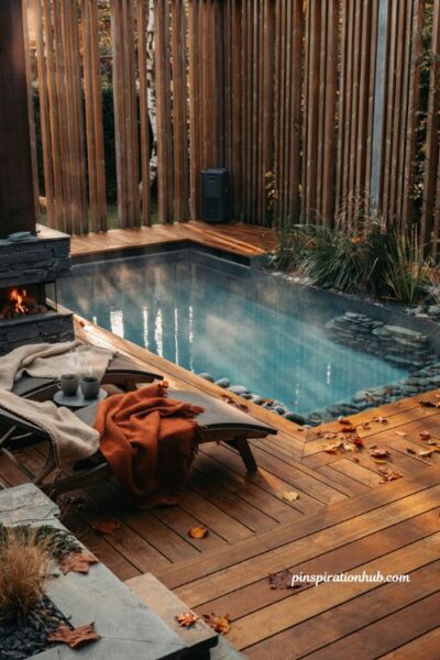 Hybrid natural swimming pool with heated water timber deck and stone fireplace for winter