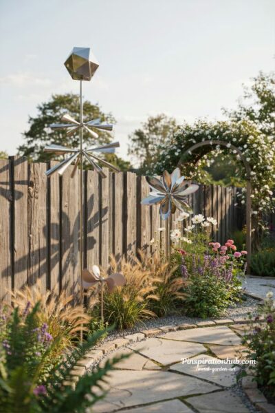 Kinetic wind spinners creating motion and light in a modern backyard garden landscape