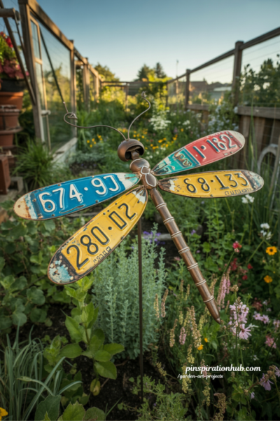License plate dragonfly garden art made from upcycled metal in cottage garden bed