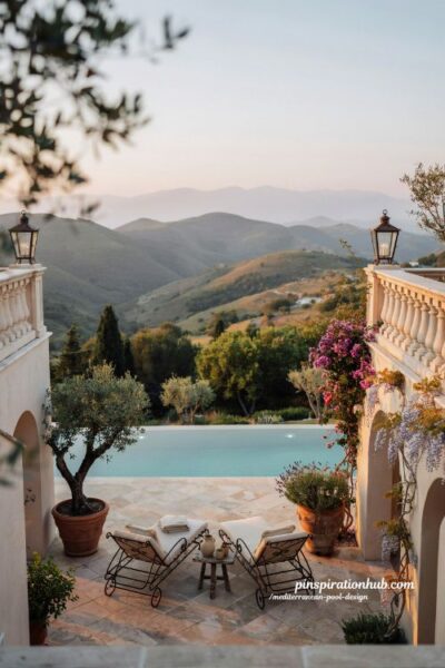 Mediterranean elevated pool terrace with mountain views and hillside villa backyard
