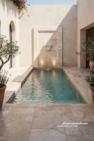 Mediterranean pool fountain focal point with carved stone water feature and luxury courtyard design