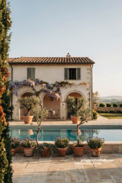 Mediterranean pool house with stone facade and arched openings luxury backyard design