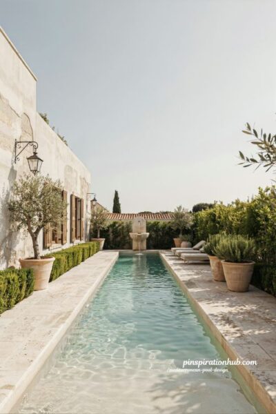Mediterranean rectangular lap pool with travertine deck and Italian villa backyard style