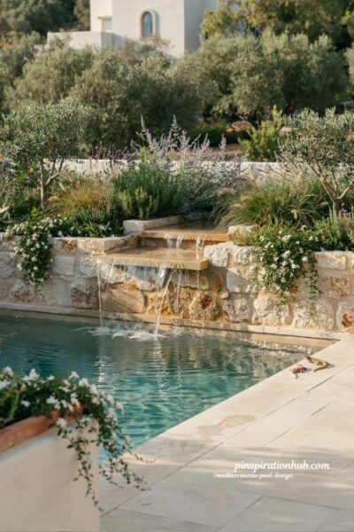 Mediterranean stone pool with waterfall feature and lush natural garden design
