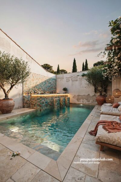 Mediterranean swim up bar pool with mosaic tile accents and luxury resort style backyard