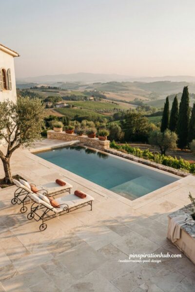 Mediterranean vanishing edge pool with travertine coping and Tuscany hillside villa backyard