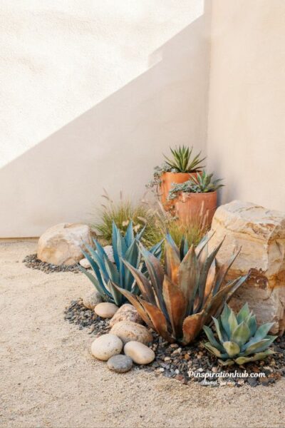 Metal agave sculptures creating a stunning desert garden focal point with rocks and gravel