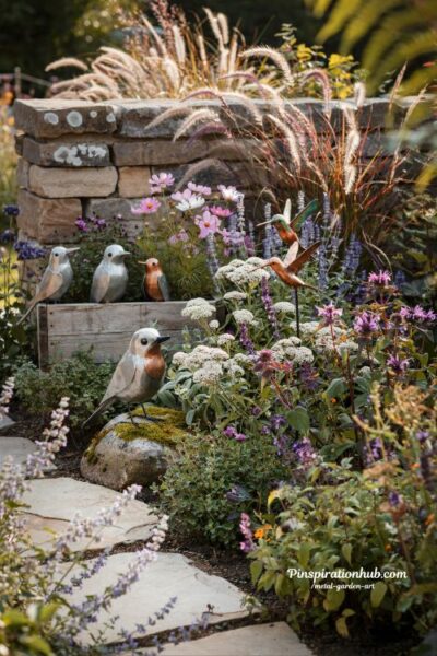 Metal bird sculptures bringing whimsical life to flower beds and garden borders