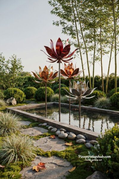 Metal lotus wind spinners creating a calm Zen garden focal point near a water feature