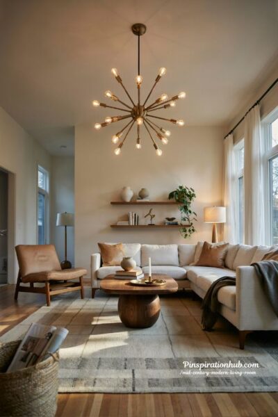 Mid century modern living room with Sputnik chandelier and sectional sofa