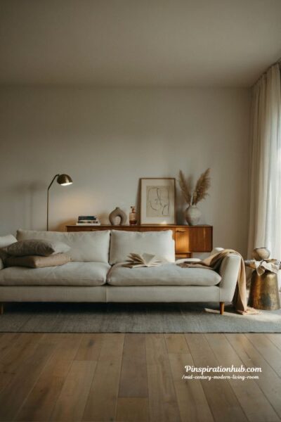 Mid century modern living room with brass accents and neutral sectional sofa