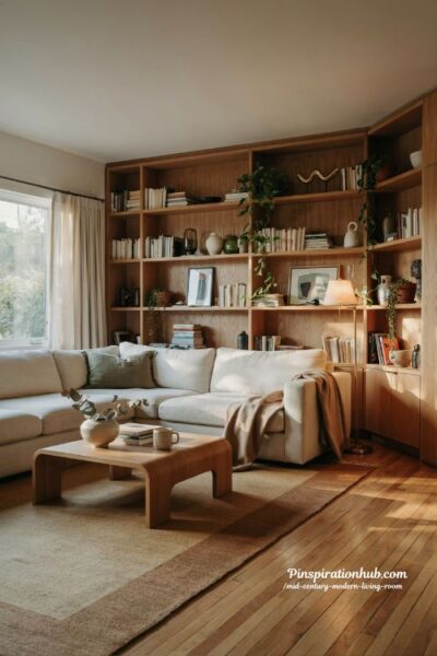 Mid century modern living room with built in walnut shelving and neutral sectional sofa