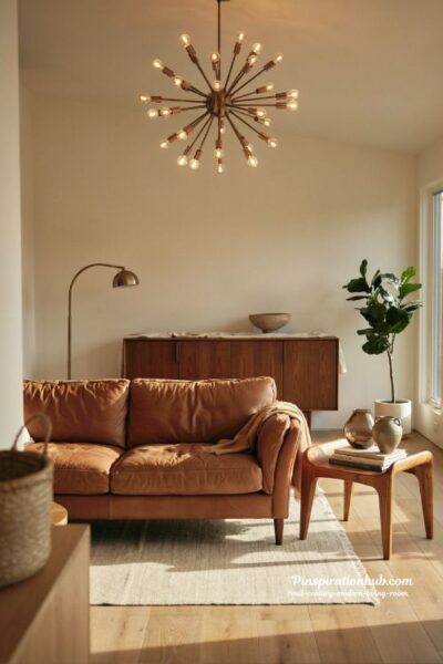 Mid century modern living room with caramel leather sectional and Sputnik chandelier